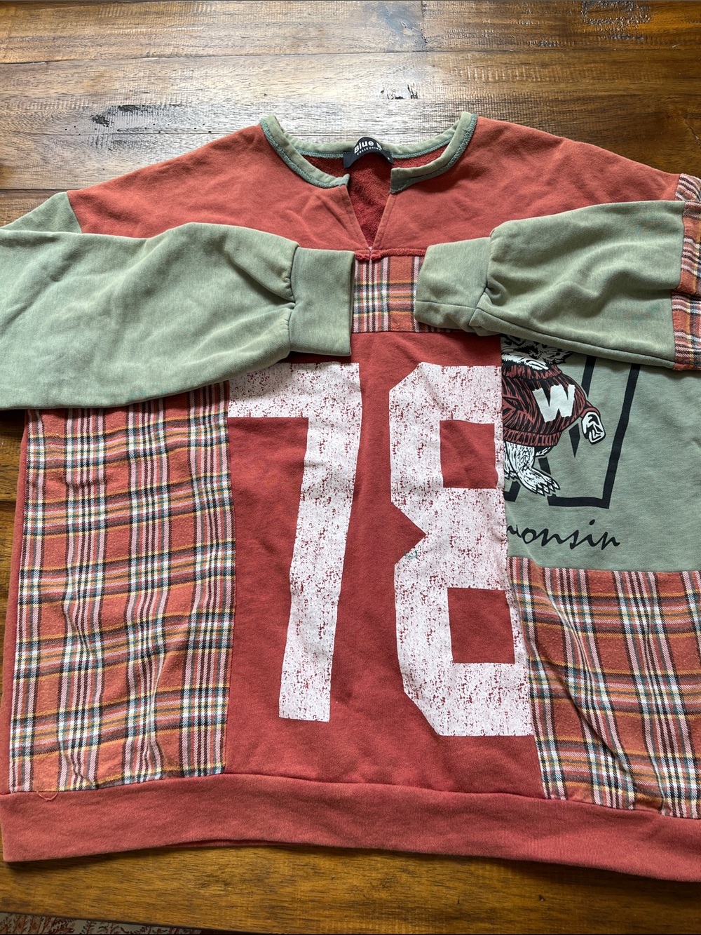 Vintage-Inspired Patchwork Crewneck Sweater in Rust and Sage